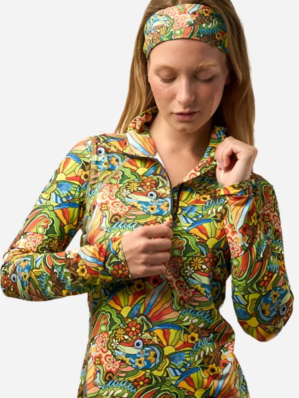 Women's Long Sleeve Zip-Front Top in Green Multi Floral Print